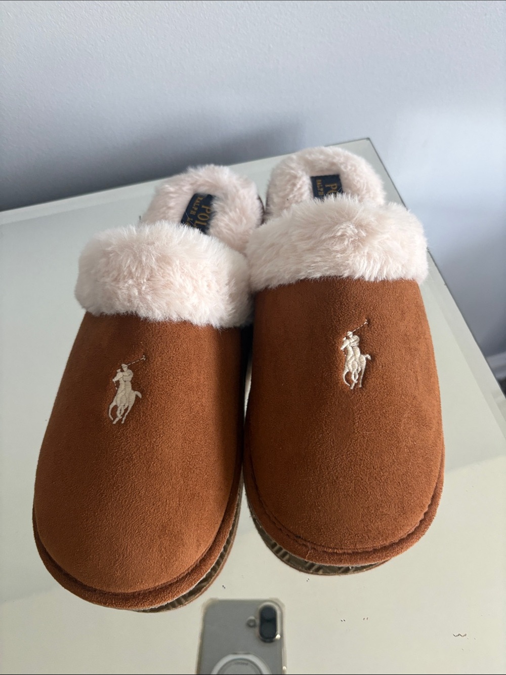 Polo by Ralph Lauren Kids Tan Suede Slip-On Slippers with Cream Faux-Fur NWOT